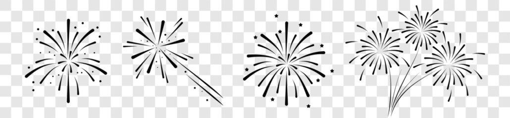 Set of firework icons.Fireworks with stars and sparks isolated on white background.Firework simple black line icons isolated on transparent background - obrazy, fototapety, plakaty