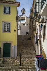 historic buildings of the old town of lisbon. Old colorful buildings, narrow streets, historic churches. Cloudy day
