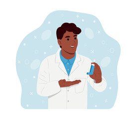 Childrens doctor. Young smiling black doctor holds an inhaler in his hands for inhalation. World Asthma Day. Bronchial asthma. Allergy, asthmatic. Inhalation drug. Bronchial asthma. - obrazy, fototapety, plakaty