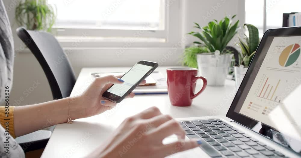 Aufkleber woman, phone and laptop with chart, analytics and finance in office for planning, strategy and date.