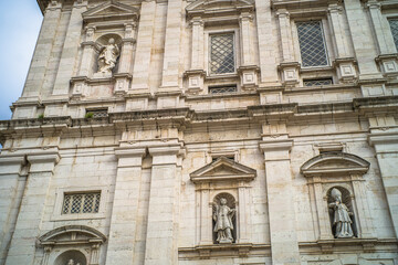 historic buildings of the old town of lisbon. Old colorful buildings, narrow streets, historic churches. Cloudy day