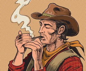 Cowboy lighting a cigarette. Vector illustration