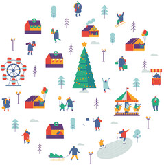 Christmas market and holiday fair flat  illustration. Celebrating winter holidays at town square.