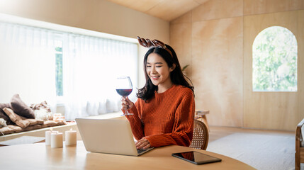Portrait of beautiful business asian woman live online say hi on computer. Freelance online...