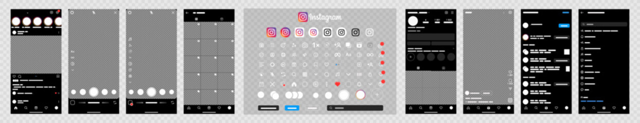 Instagram mockup. Set Instagram screen social media. Stories, videos, liked stream. Editorial vector.