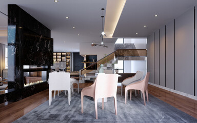 3d rendering,3d illustration, Interior Scene and  Mockup,dining room modern style,leather upholstered chair,stone top dining table.