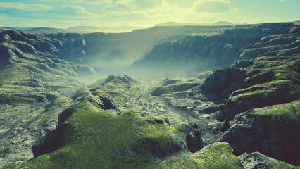 Grasslands wide panorama with autumn grass field and mountains