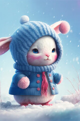 cute little bunny in pastel colored winter clothes in winter forest, christmas mood