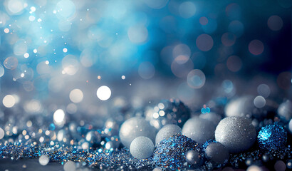 Obraz na płótnie Canvas Blue and silver balls in sparkling silver dust and glitter. Christmas, New year background. 