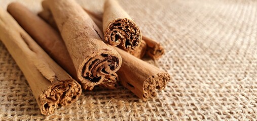 Fragrant cinnamon sticks close up. Spice cinnamon. Healthy food.
