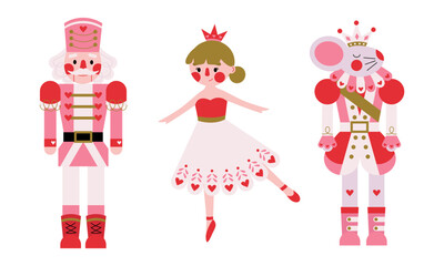 Christmas set of characters from the winter tale ballet Nutcracker's story. Nutcracker, mouse king, princess ballerina in pink colors with heart. Fairy tale characters, mascot. Vector.