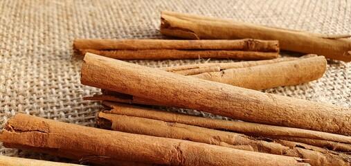 Fragrant cinnamon sticks close-up. Fragrant cinnamon spices. Spice cinnamon. Healthy food.