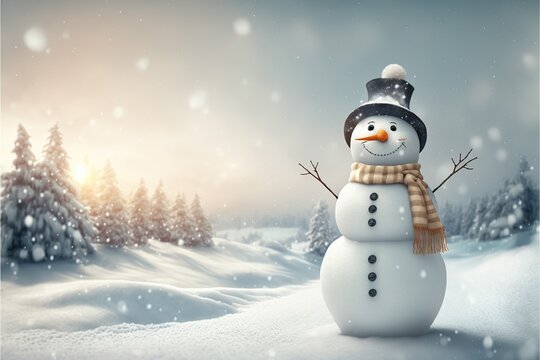 Happy snowman in the snow. generative ai