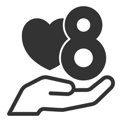 Number 8 with a heart in the palm of your hand - icon, illustration on white background, glyph style