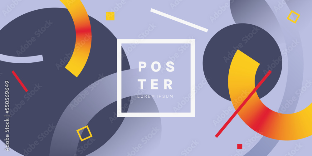 Poster Abstract banner design with colorful geometric shapes and lines in suprematism style. Dynamic background with place for text. Geometric chaos composition. Vector illustration.
