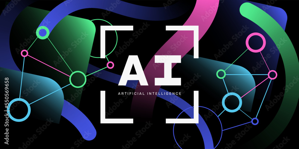 Aufkleber Abstract background with dynamic geometric shapes and curved lines in gradient neon colours. Futuristic banner design. Ai (Artificial Intelligence) concept. Vector illustration