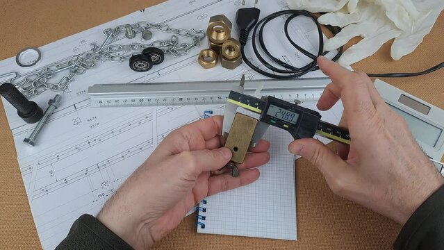 Measuring equipment with caliper Measurements drilled brass block. Hands people are visible.