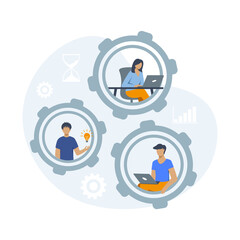 Time management vector illustration. People work on laptops, come up with ideas, complete tasks and control time. The concept of time management, successful organization of tasks, self-organization.