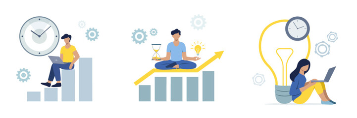 Time management vector illustration. People work on laptops, come up with ideas, complete tasks and control time. The concept of time management, successful organization of tasks, self-organization.