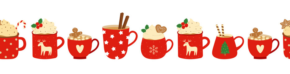 Seamless border with red cups, whipped cream, cinnamon sticks and gingerbread cookies. Background for cozy winter design.
