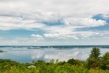 beautiful summer view of the water, river, sea overlooking the blue sky with clouds