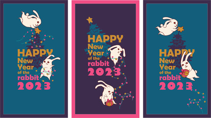 Fototapeta na wymiar Series of postcards for the New Year of the Rabbit, 2023. Cheerful hares are getting ready to celebrate the new year, Happy New Year Bunny. label of a joyful hare. Souvenirs, congratulations, banner.