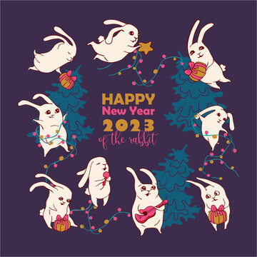 Postcard for the New Year of the Rabbit 2023. Cheerful hares are preparing to celebrate the new year Happy New Year Bunny. A set from a series of postcards, a label of a joyful hare. Souvenirs, congra