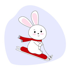 Rabbit sledding down the hill. Cute bunny cartoon character. For calendars, t-shirts, banners, stickers, flyers, posters, books.Winter illustration