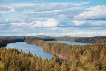 Picturesque view of the autumn forest and lakes unique lakes of Karelia. Hanging lakes Republic of Karelia.