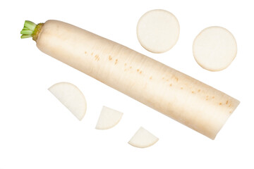Daikon isolated on a white background, top view