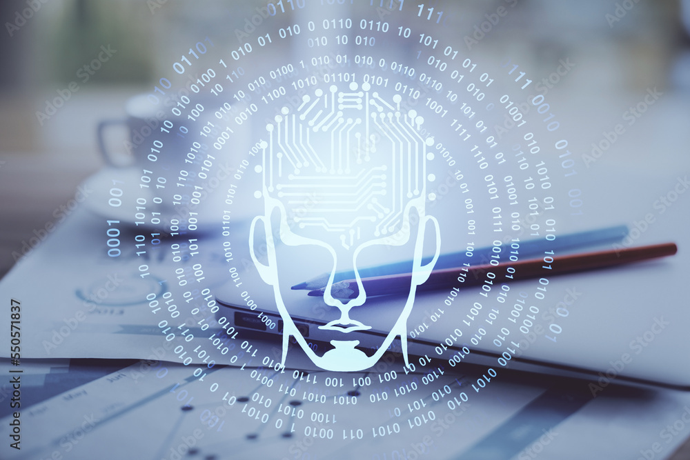 Poster Double exposure of desktop with computer and brain drawing hologram. Artificial intelligence concept.