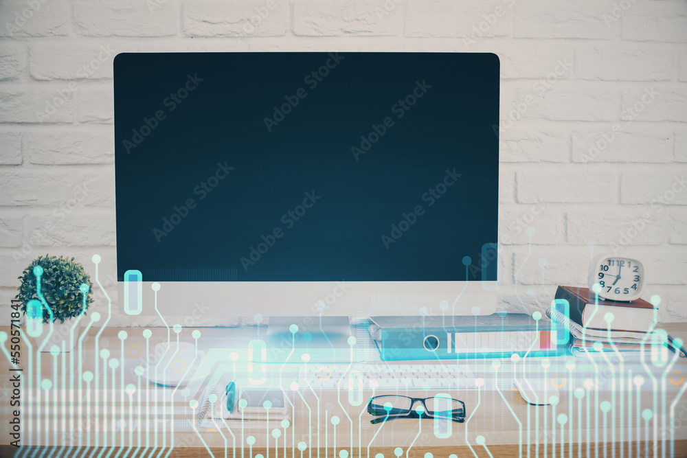 Poster Double exposure of table with computer on background and data theme hologram. Data technology concept.