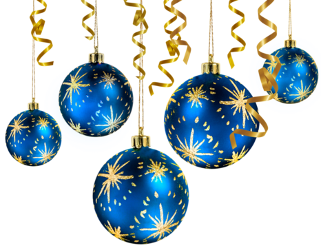 Blue Christmas balls hanging with golden ribbons isolated