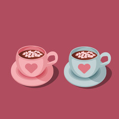 Two hot chocolate cup with marshmallows, blue and pink cups of cocoa with pink heart ornament. Love greeting card vector illustrations, Isolated design elements