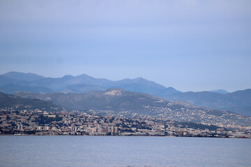 View of the Mediterranean Sea, coastline and mountains from Antibes