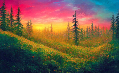 Magical forest at sunset, beautiful nature scenery, colorful trees and landscape, The scene of beautiful forest in a magical natural environment.
