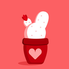 Doodle white cactus in the flower pot with a heart ornament. Valentine, wedding, love cards, print for decorating clothing