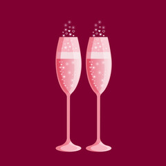 Two glasses of pink champagne with bubbles isolated on a maroon background