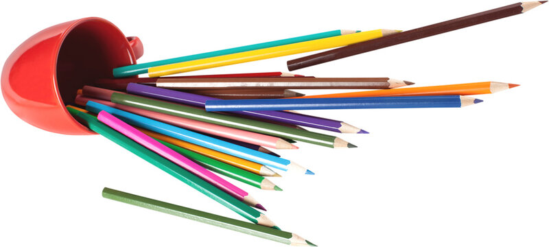 Spilled cup of colored pencils