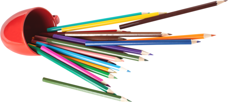 Spilled cup of colored pencils
