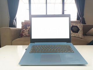 Mockup image, white blank screen laptop computer on the front display in modern home space. mockup laptop