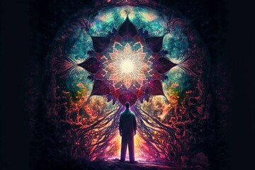 Man silhouetted in front of a spiritual portal with fractal mandalas - obrazy, fototapety, plakaty