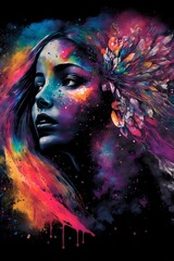 Abstract drawing of beautiful woman with colourful paint splatter exploding from behind her