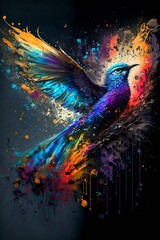 Drawing of a bird flapping wings with paint explosion behind