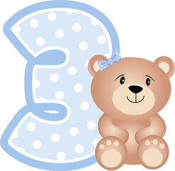 Cute teddy bear with number 3 for birthday party