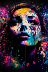 Abstract drawing of beautiful woman with colourful paint splatter exploding from behind her, Generative AI