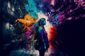 Plakat Abstract drawing of woman looking to the right in a street covered in colourful paint with an explosion of colour behind