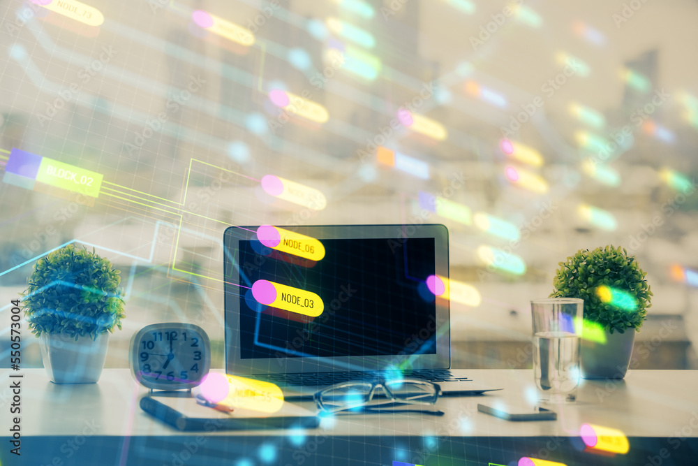 Aufkleber double exposure of table with computer on background and data theme drawing. concept of innovation.