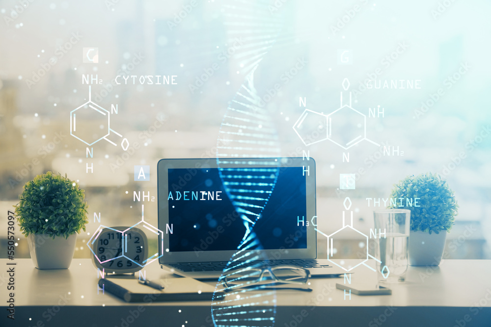 Poster Desktop computer background and DNA drawing. Double exposure. Science concept.