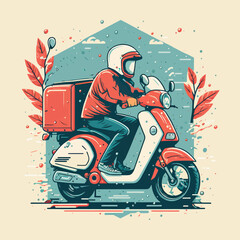 food Delivery man riding scooter motorcycle illustration flat style vector